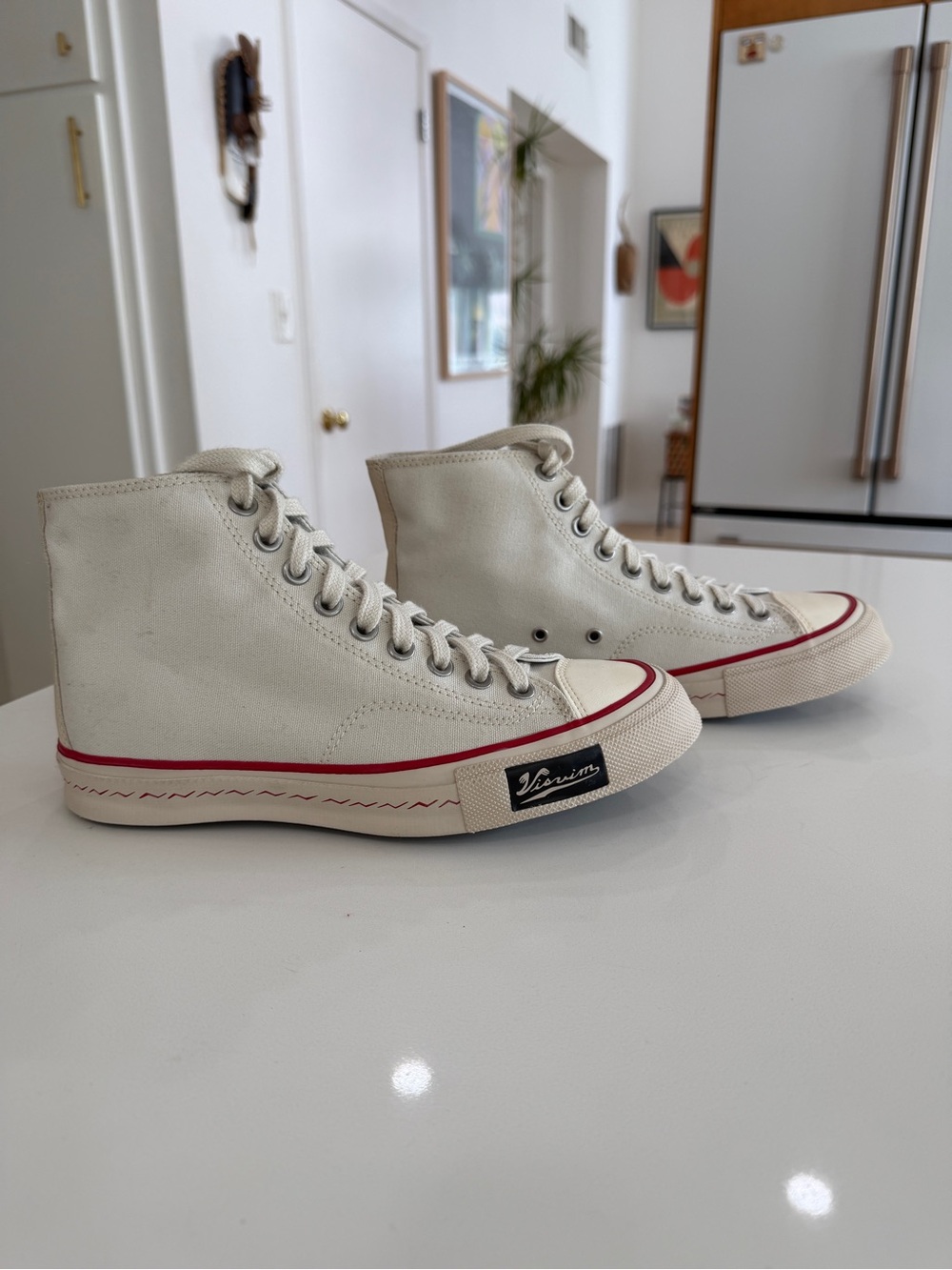 Visvim High-Top Canvas Sneakers in Off-White with Red Trim